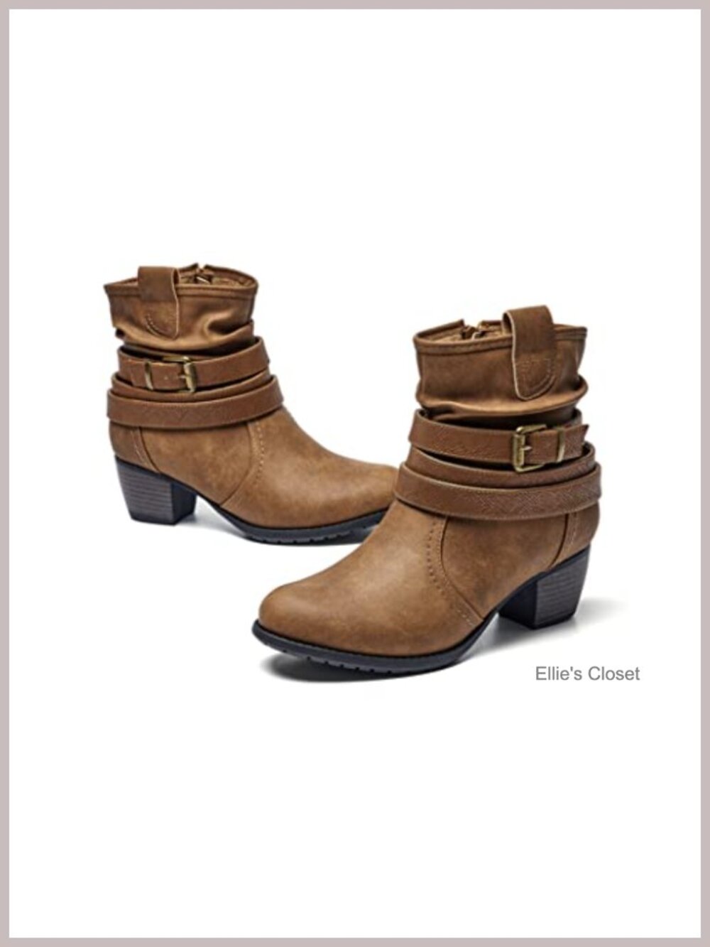Mid Calf Boots Round Toe Low Heel Slouchy Faux Leather Booties Buckle Strap Zip